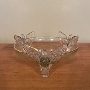 Footed Glass 7" VTG  Candy Trinket Dish Bowl 3 Eagles w/ Spread Wings Gold